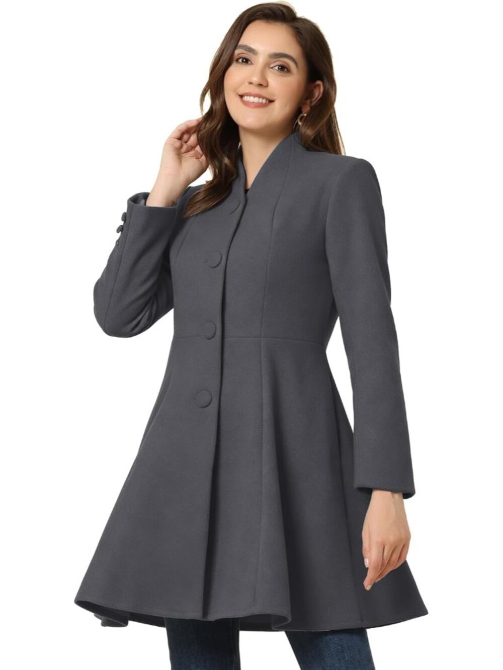 Women's Dark Gray Single Breasted A Line Mid-Long Winter Long Sleeve Trench Coat